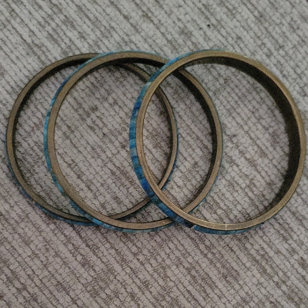 Vintage Boho Brass Inlay Tealwood Blue Bangle Bracelet Set of 3 - Picture 6 of 10